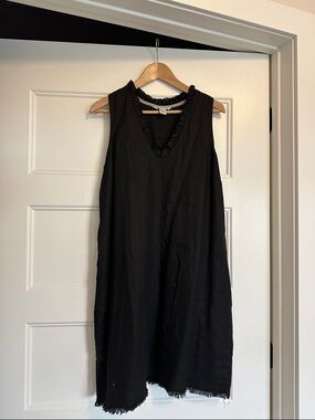 Tommy Bahama Black Sleeveless V-Neck Midi Dress with Fringe Hem